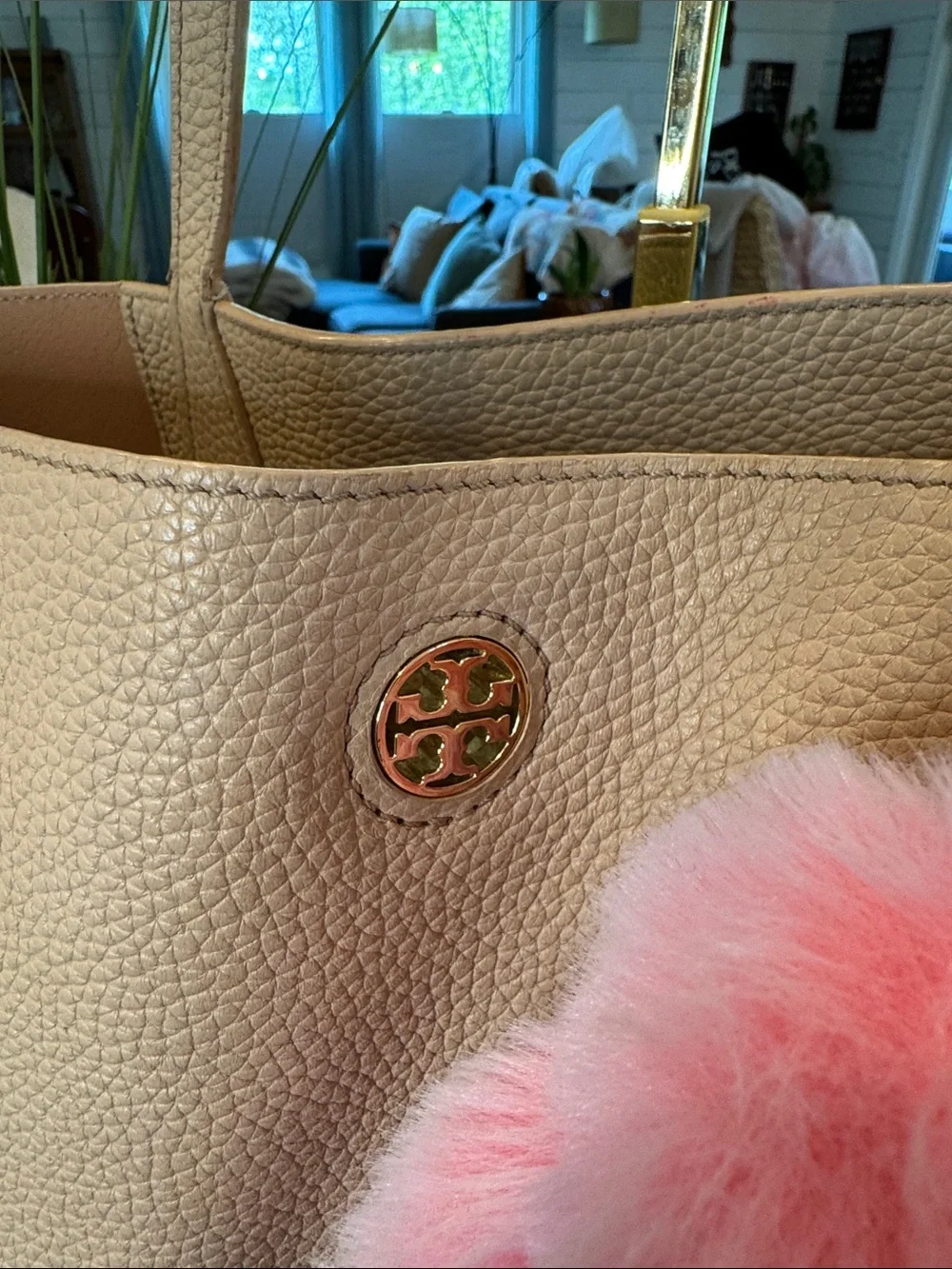 Tory Burch Pebbled Leather Tote with Pink Fur Charm